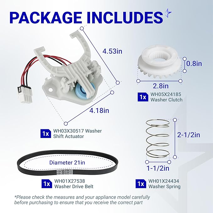 [UPGRADED] BlueStars WH03X30517 Washer Shift Actuator & WH01X27538 Washer Drive Belt & WH05X24185 Washing Machine Clutch & WH01X24434 Washer Spring - for GE Hotpoint Clothes Washer