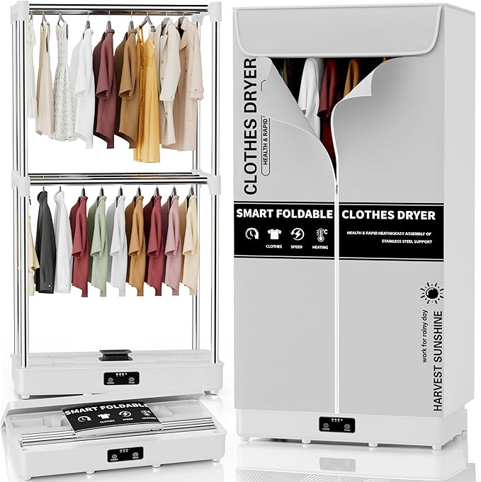 Clothes Dryer, Portable Foldable Drying Machine with Timer, Easy Carry Laundry Drying Wardrobe with Large Capacity, Electric Dryer/Rack for Home | Appartments | RV (Grey DF1)