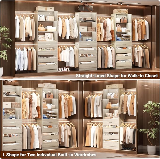 Aheaplus Closet System Set of 2, 4-9Ft Wood Closet Organizer with Drawers & Shelves, Closet Organizer System with 8 Hanging Rods, Walk-in Closets Organizer Wardrobe Closet Rack, White Oak
