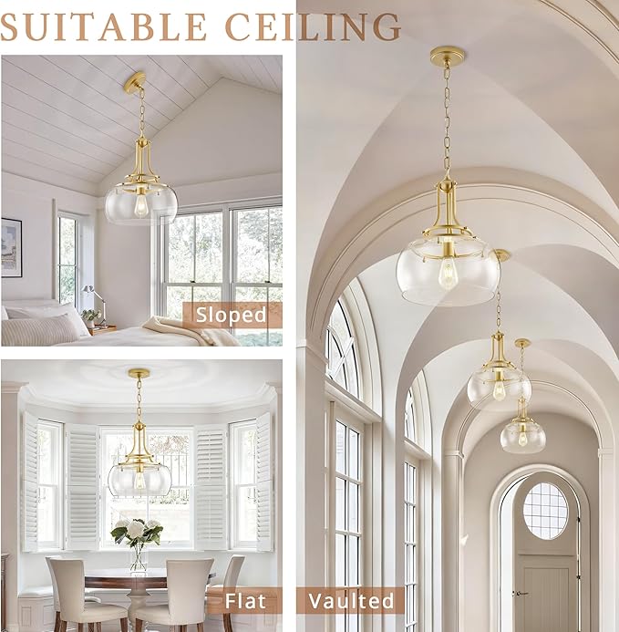 Industrial Round Chandelier Rustic Ceiling Light Fixture Farmhouse Pendant Light with Clear Glass Shade for Dining Room Hallway Entryway Kitchen Bedroom, Gold