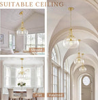 Industrial Round Chandelier Rustic Ceiling Light Fixture Farmhouse Pendant Light with Clear Glass Shade for Dining Room Hallway Entryway Kitchen Bedroom, Gold