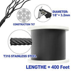 CKE 400FT 1/8" Black Stainless Steel Cable for Railing, T316 Stainless Steel Marine Grade Wire Rope for Deck Cable Railing Kit, 1850lb Breaking Strength 7x7 Strand Aircraft Cable DIY Balustrade, BCW6