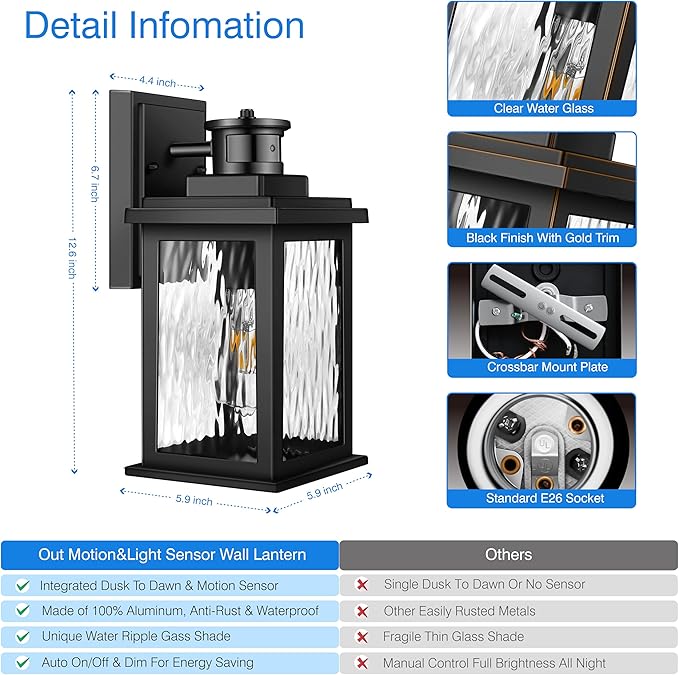 VIANIS Motion Sensor Exterior Lights for House, 2 Pack Dusk to Dawn Porch Lights Sconce Outdoor, Moden Black Outdoor Sconce Lights Lantern with Tempered Glass for Garage, Patio, Waterproof