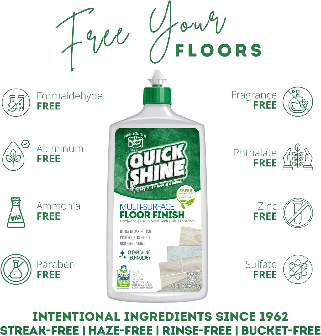 Quick Shine Multi Surface Floor Cleaner & Floor Polish w/Clean Shine Technology 2-27oz Bottles | Use on Hardwood, Laminate, Luxury Vinyl Plank, Tile & Stone | Safer Choice Formulas