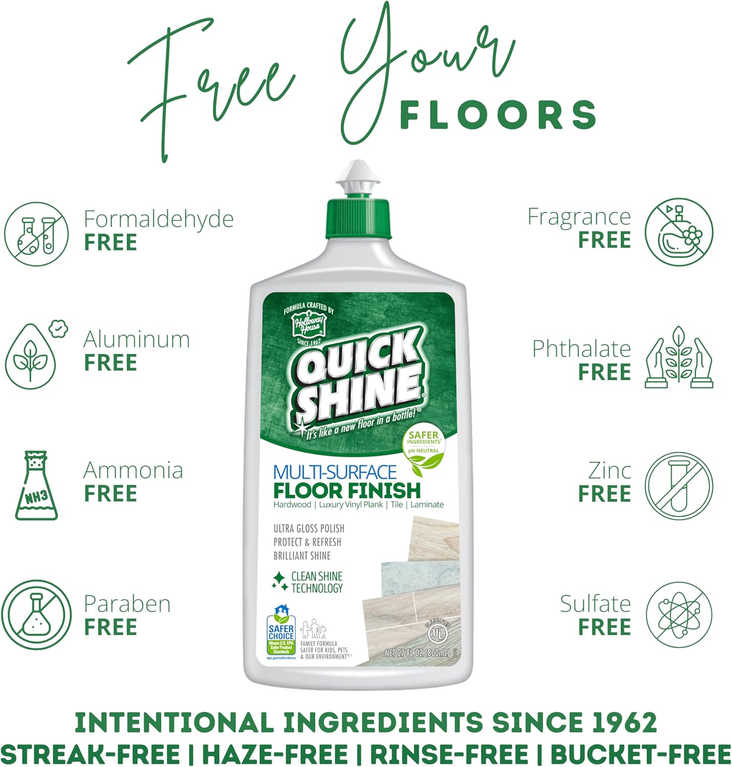 Quick Shine Multi Surface Floor Cleaner & Floor Polish w/Clean Shine Technology 2-27oz Bottles | Use on Hardwood, Laminate, Luxury Vinyl Plank, Tile & Stone | Safer Choice Formulas