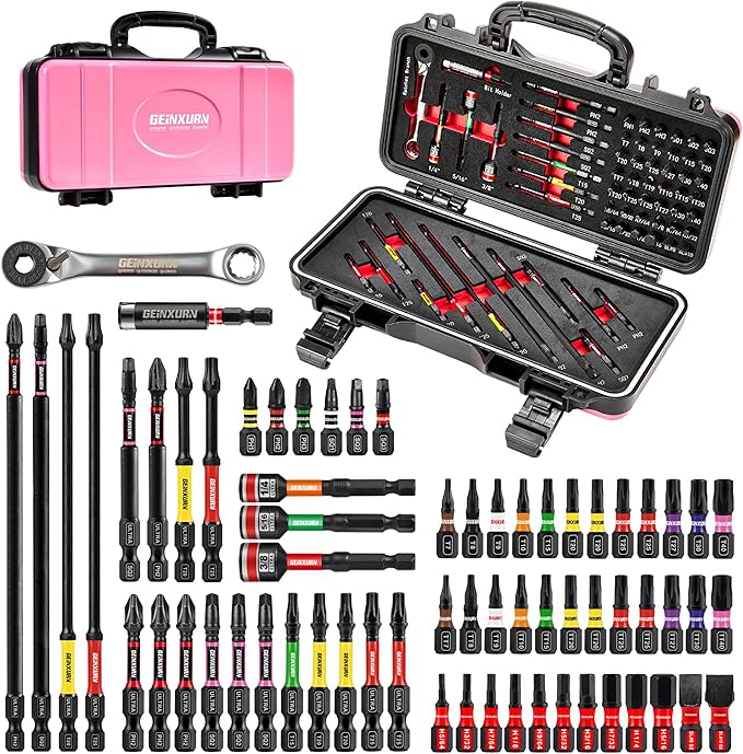 66Pcs Tools Set Packaged with Heavy-duty Tool Box, Include Impact Screwdriver Bits, Nut Driver, Mini Ratchet Wrech and Impact Bit Holder for Home Repairs DIY
