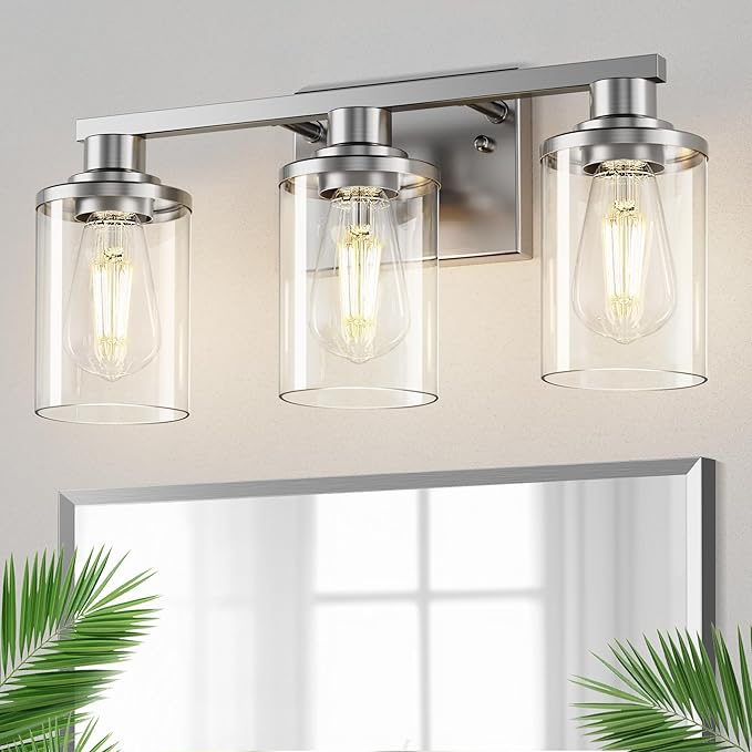 DORESshop Bathroom Light Fixtures, 3-Light Brushed Nickel Bathroom Lighting Fixtures Over Mirror with Clear Glass Shade, Modern Wall Sconce for Mirror Bedroom Hallway, ETL Listed