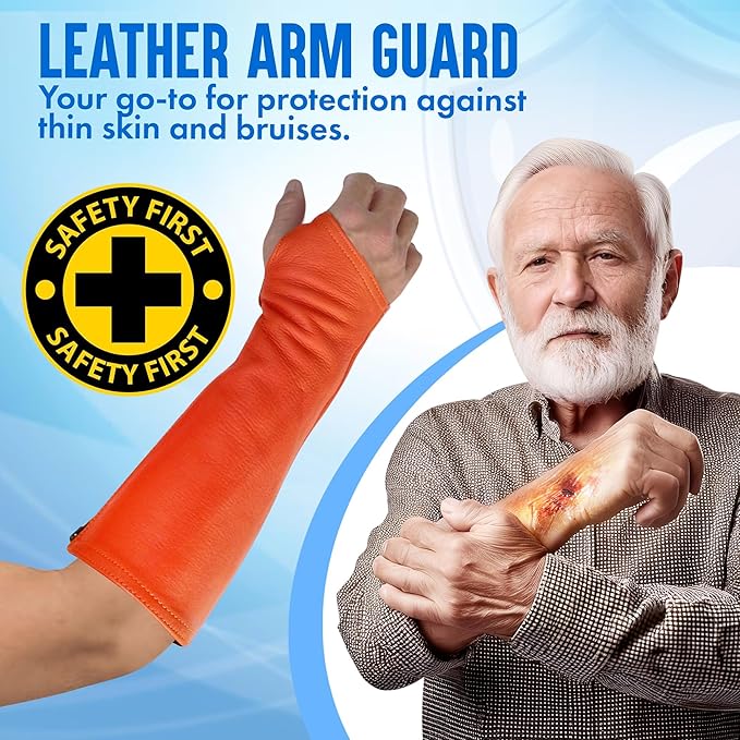 Arm Chaps Leather Protective Sleeves Arm Guard - Prevent Cuts, Scratches & Bruises - Genuine Cowhide - Ideal for Gardening & Construction - Left & Right Form-Fitting. Orange (1 Pair/Large).