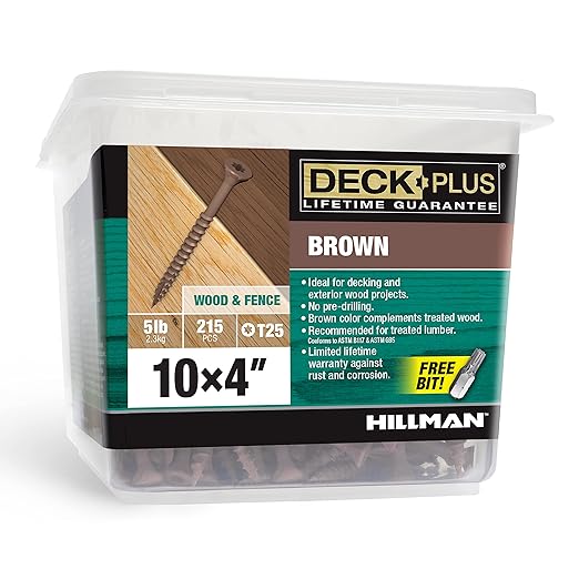 Deck Plus 4 Inch Epoxy Coated Exterior Wood and Fence Screws #10 x 4 Torx/Star Drive Included Coarse Thread, Outdoor Rust Resistant Decking Screw, Brown, 5 lb Box, 215 Pieces | 49014
