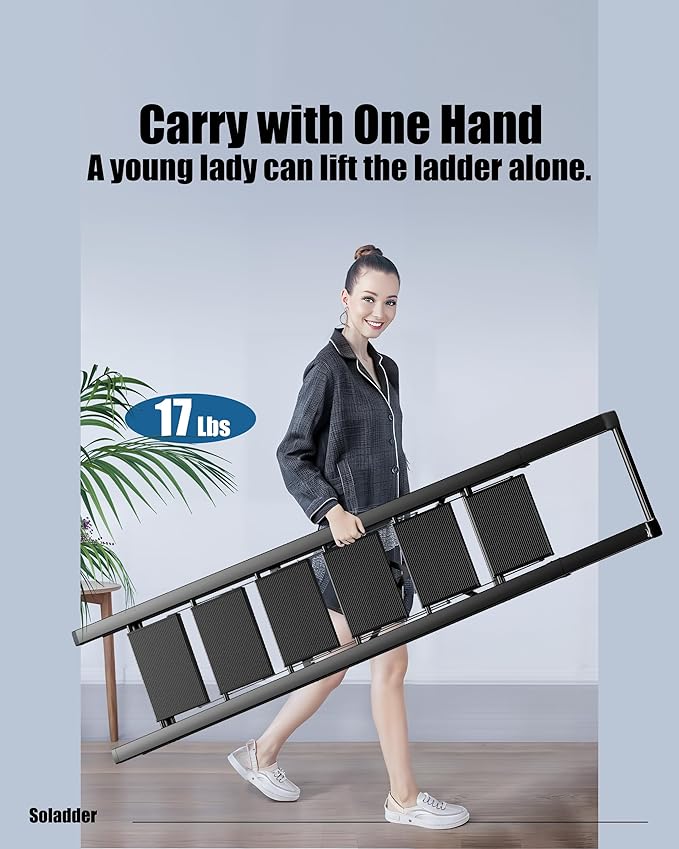 6 Step Ladder for 12 Feet High Ceiling, Folding Step Stool with Handgrip & Anti-Slip Wide Pedal, Portable Lightweight Aluminum Stepladder for Kitchen, Home (300 lbs Capacity) - Black