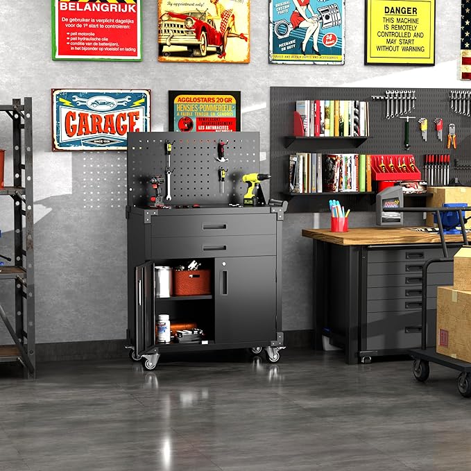 Tool Cart with Wheels and 2 Drawers, Metal Garage Storage Cabinet with Lockable Doors, Pegboard and 4 Hooks for Garage, Workshop, Tool Chest, Heavy Duty Work Bench, Black, Assembly Required