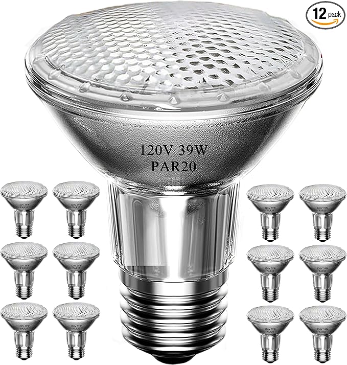 PAR20 39W Halogen Flood Light Bulbs 12PCS, 120V, E26 Medium Base, 2700K Warm White Dimmable for Indoor Spotlight, Range Hood Recessed Light Bulbs