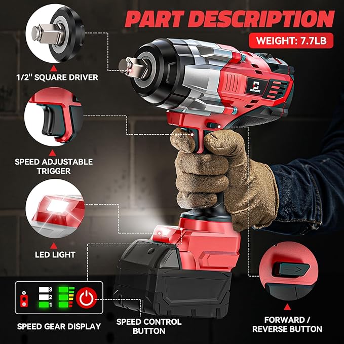 Cordless Impact Wrench 1/2 inch for Milwaukee 18V Battery: 1700FT-LBS High Torque Impact Wrench Heavy Duty Tool with 6 Sockets- Brushless Electric Impact Gun Includes LED Work Light - Bare Tool Only