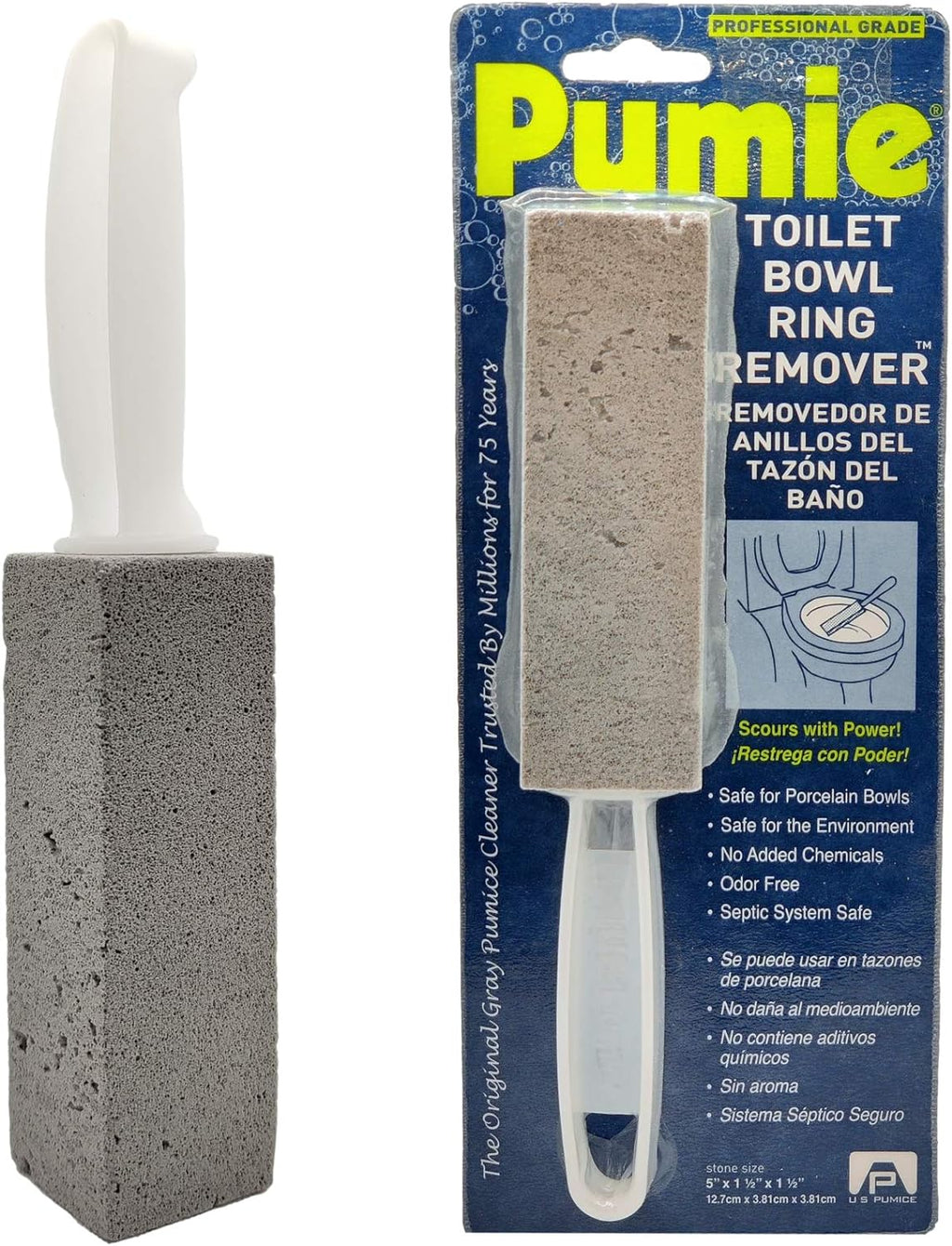 PUMIE Pumice Stone Toilet Bowl Cleaner (1-Pack) - Heavy Duty Scouring Stick for Toilet - Pumice Stone for Cleaning Rings, Bowls, Hard Water Stains, Lime, Rust, Sink - Includes Handle for Easy Use