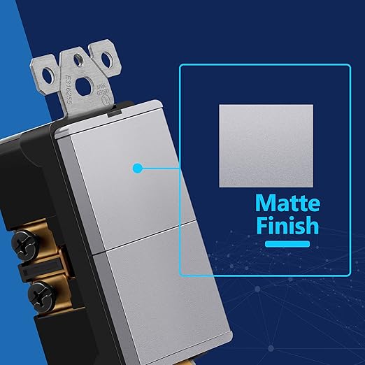 LIDER Minimalist Design Matte Finish Lighted Double Switch, Combination Frameless Decorator Switch with Locator Light, Ground Terminal, Single Pole, 15A 120-277V, UL Listed, LCS2-1P-SV, Silver