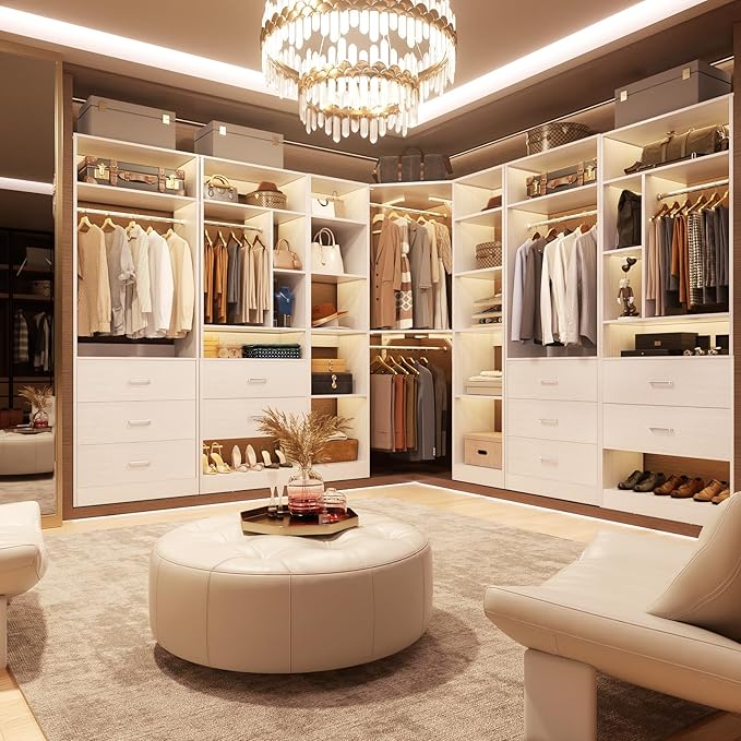 Corner Closet System with 12 Shelves, 39.2" Corner Closet Organizer System with 2 Hanging Rods, Versatile 6-Tier Walk-in Closets for Corner Space, White (39.2" L x 39.2" W x 80" H)