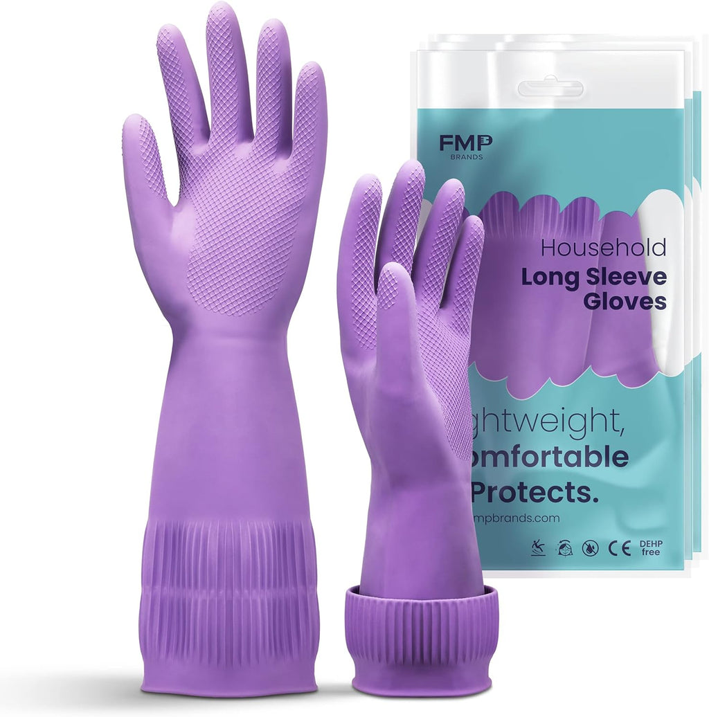 FMP Brands 3/6/12/60 Pairs 15 Inch Extra Long Rubber Dishwashing Gloves - Non-Slip for Cleaning, Kitchen, Bathroom, Gardening