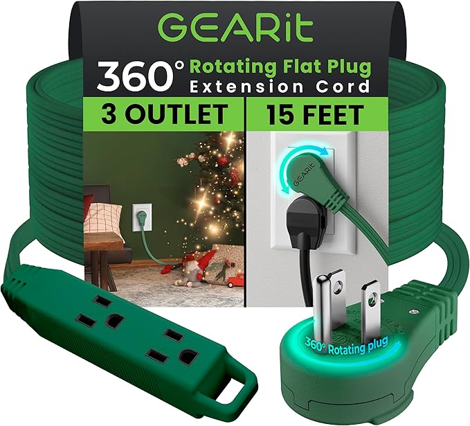 GEARit 360 Rotating Flat Plug Extension Cord with 3 Outlets (15ft, Green) 16AWG/13A 3 Prong Wire, Outlet Saver for Home Office Dorm Room Essentials, ETL Certified