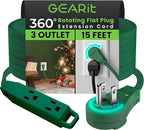 GEARit 360 Rotating Flat Plug Extension Cord with 3 Outlets (15ft, Green) 16AWG/13A 3 Prong Wire, Outlet Saver for Home Office Dorm Room Essentials, ETL Certified