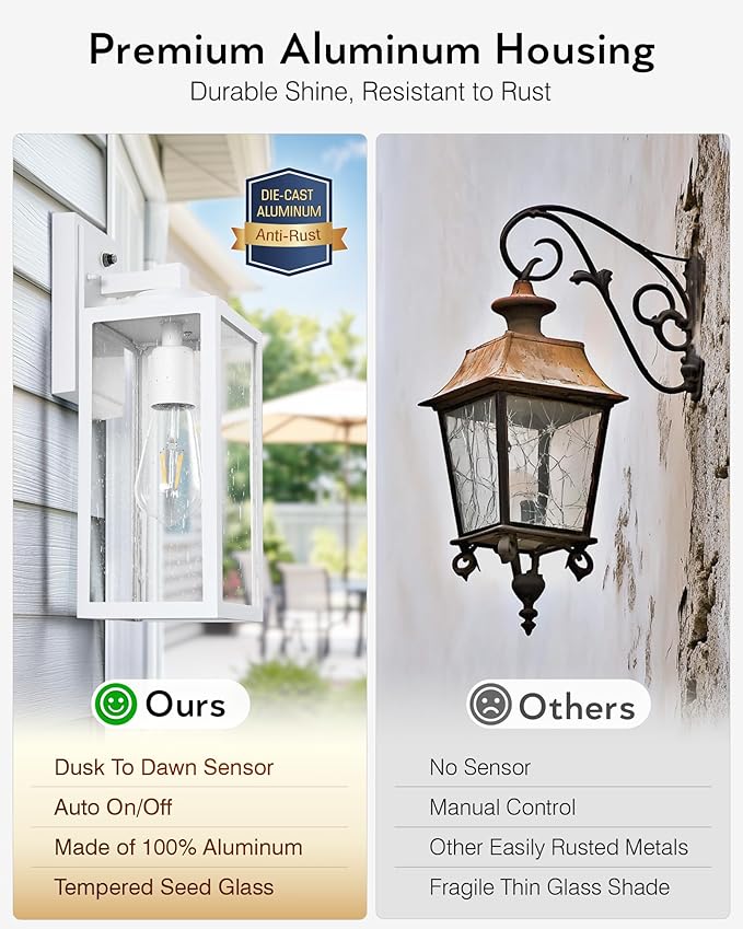 VIANIS Dusk to Dawn Outdoor Lighting, 2-Pack Large Size White Exterior Light Fixtures with Tempered Seed Glass, Waterproof Outdoor Wall Light Fixture, Anti-Rust Porch Lights Outdoor for Porch, Garage