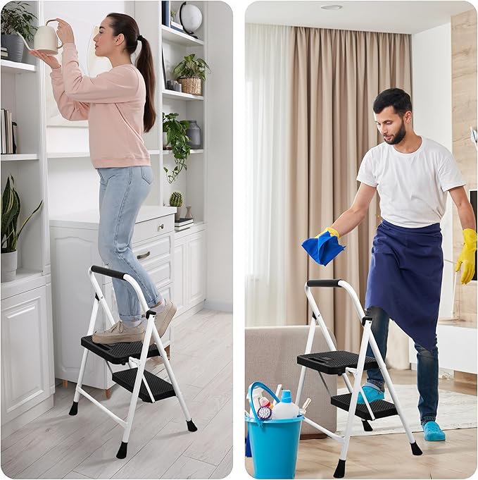 2 Step Ladder, Portable Steel Folding Step Stool with Wide Anti-Slip Pedal & Convenient Handgrip, 500lbs Sturdy Steel Ladder, White