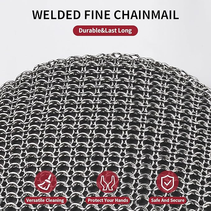 Cast Iron Cleaner Scrubber with Long Handle- Welded Fine Chain Mail Scrubber Cleaning Kit- Metal Brush Chainmail Scrubbing Sponge to Clean Skillet, Dishes, Griddle, Wok, Dutch Oven Scrub