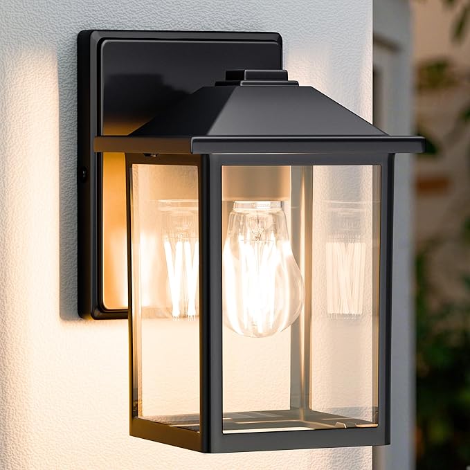 Outdoor Wall Lantern, Exterior Waterproof Wall Sconce Light Fixture, Black Front Door Mounted Lighting with Clear Glass, Anti-Rust Porch Lamp