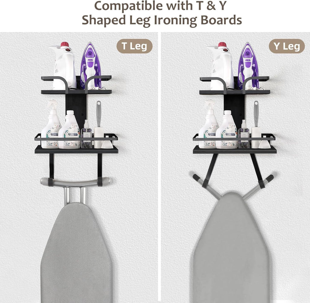VINAEMO Ironing Board Hanger Wall Mount, 2-Layer Iron and Ironing Board Holder, Laundry Room Shelves Solid Wood with Removable Hooks Home Organization and Storage