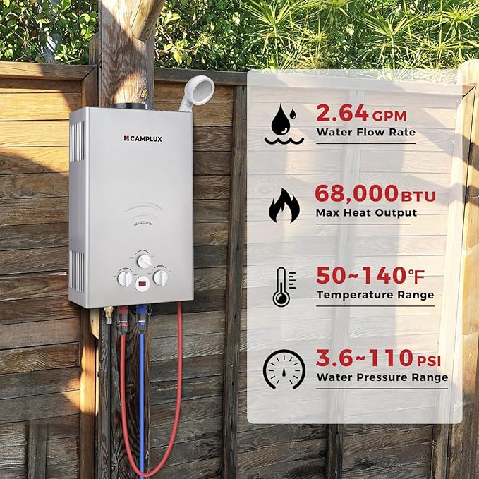 CAMPLUX Tankless Water Heater - 2.64GPM Portable Propane Heater for Off Grid, Camping, Outdoor Shower - 68,000 BTU - BW264G - Gray