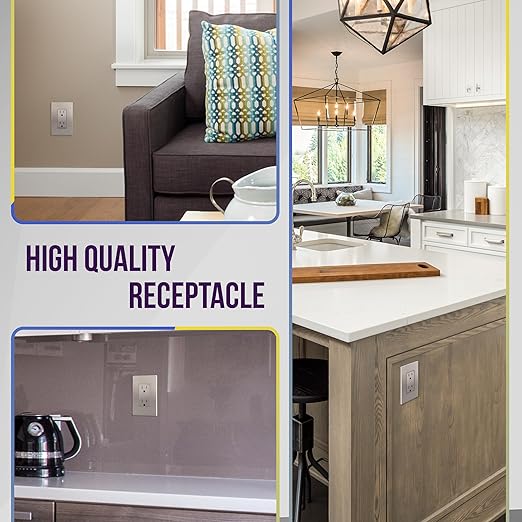 ENERLITES Elite Series Decorator Receptacle Outlet, Child Safe, Tamper-Resistant, Self-Grounding, Residential Grade, 15A 125V, UL Listed, 61501-TR-NKWP, Nickel With Wall Plate