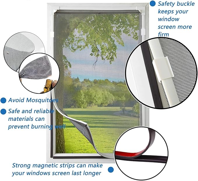 DIY Magnetic Window Screen Replacement Adjustable Mesh Screen with Magnets Fits 72"Hx48"W Black Frames with Grey Fiberglass Screen