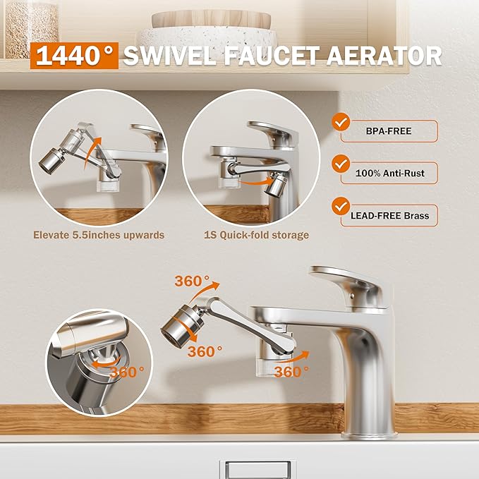 Frizzlife Water Filter for Sink Faucet Extender, 1440° Rotating Swivel Aerator Reduce 99% Chlorine, 3 Modes Spray Brass Attachment for kitchen/Bathroom/Toddlers, 8pcs Replacement Filter