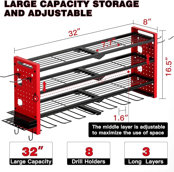 Power Tool Organizer Wall Mount,Cordless Drill Organizer,4 Layers Large Capacity Tool Rack with 8 Drill Holders (RED)