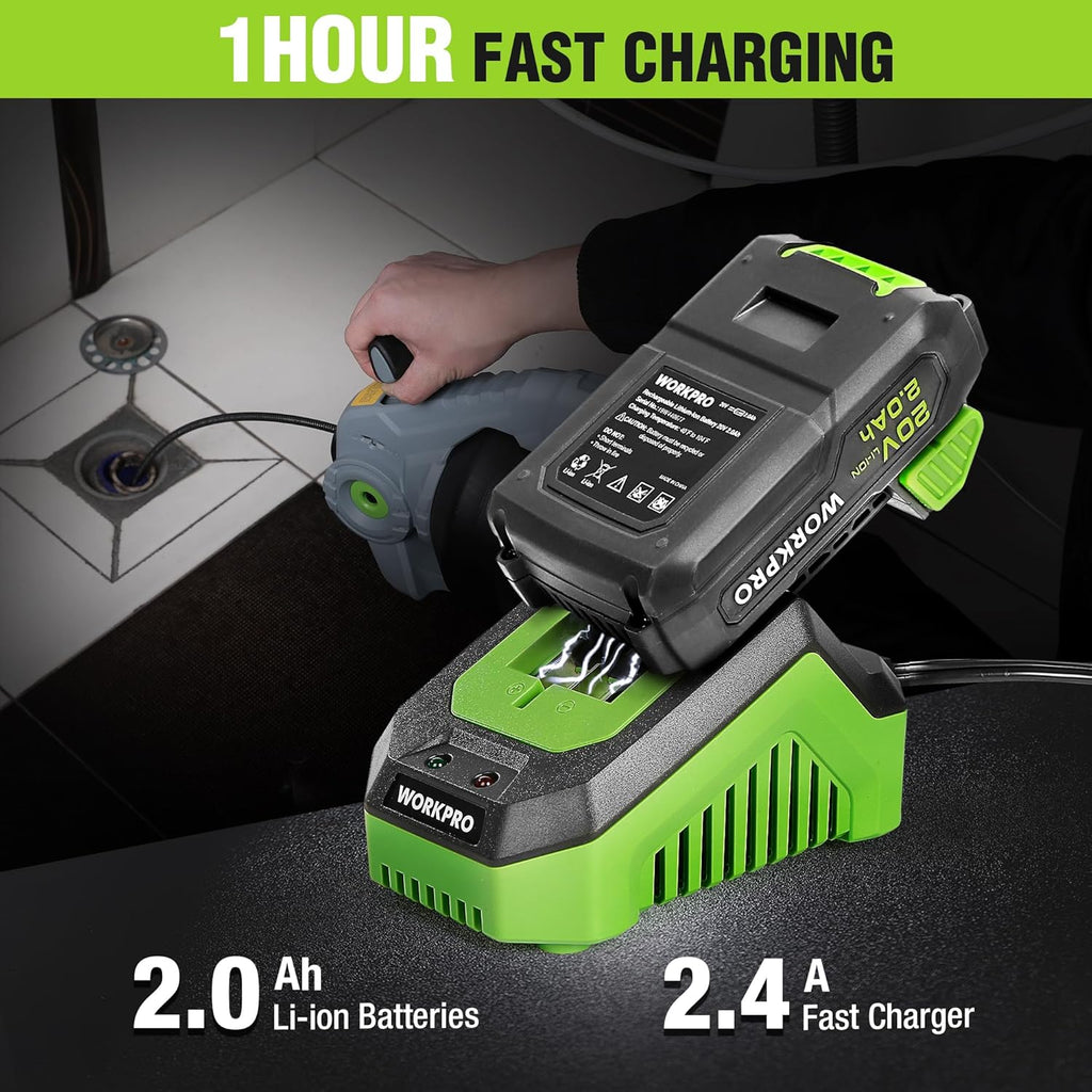 WORKPRO 20V Electric Drain Auger, 25Ft Plumbing Snake Drain Hair Removal Tool Set with 2.0AH Battery and Charger, Toilet Snake for Sewer, Bathroom, Sink, Drain Snake 3/4"-2" Pipe