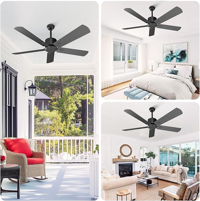 52 Inch Ceiling Fan No Light - Outdoor Indoor Flush Mount Low Profile DC Motor Fan with Remote and APP, 5 Blades Reversible Silent Fan for Patio, Bedroom, Living Room, Garage