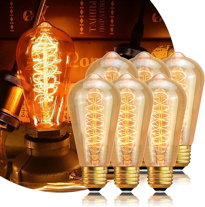 ST64 Incandescent Light Bulbs 110V 40W Edison Bulbs 6 Pack,Amber Vintage 240LM,E26 Base 2200K Dimmable Decorative Antique Wire Wound Incandescent Bulb for Chandelier Pendant Lamps
