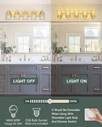 5-Light Bathroom Light Fixtures, 30 Inch Brushed Gold Vanity Lights with Clear Hammered Glass Cylinder Shade, Modern Vanity Lighting Fixture Over Mirror, VL198-BG-5