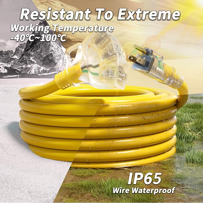 15 FT 12/3 Gauge Outdoor Extension Cord with Multiple Outlets Light Indicator, Flexible 3 Outlet Weatherproof Heavy Duty Extension Cord Waterproof Yellow, 15A 1875W 12AWG SJTW, ETL Listed.