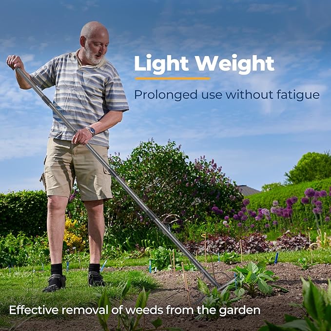 49" Rake - 17" Extra Wide Garden Tool with Double-Sided Head, Heavy Duty Lightweight Stainless Steel Construction for Mulching & Debris Removal, Leveling Lawn, Loosening Soil, Leaf Cleanup, Soil Prep