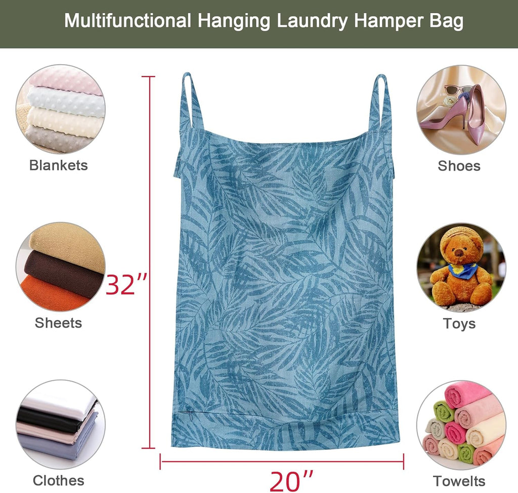 Linen Hanging Laundry Bag, 100% Linen Leaf Print Over The Door Laundry Hamper with Buttons and Zipper, Space Saving Door Hampers for Laundry Dirty Clothes Home Travel, Blue, 19.7x27.5inches