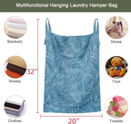 Linen Hanging Laundry Bag, 100% Linen Leaf Print Over The Door Laundry Hamper with Buttons and Zipper, Space Saving Door Hampers for Laundry Dirty Clothes Home Travel, Blue, 19.7x27.5inches