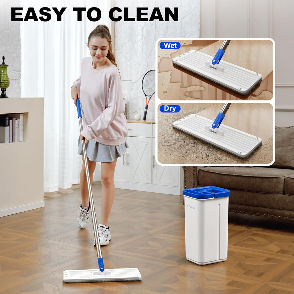 Mop and Bucket Set with Wringer, Squeeze Wall Mop Cleaner with Long Handle, Flat Mop and Bucket System, Dry & Wet Dust Mop for Household Floor Cleaning with 3 Microfiber Mops, Slate Blue