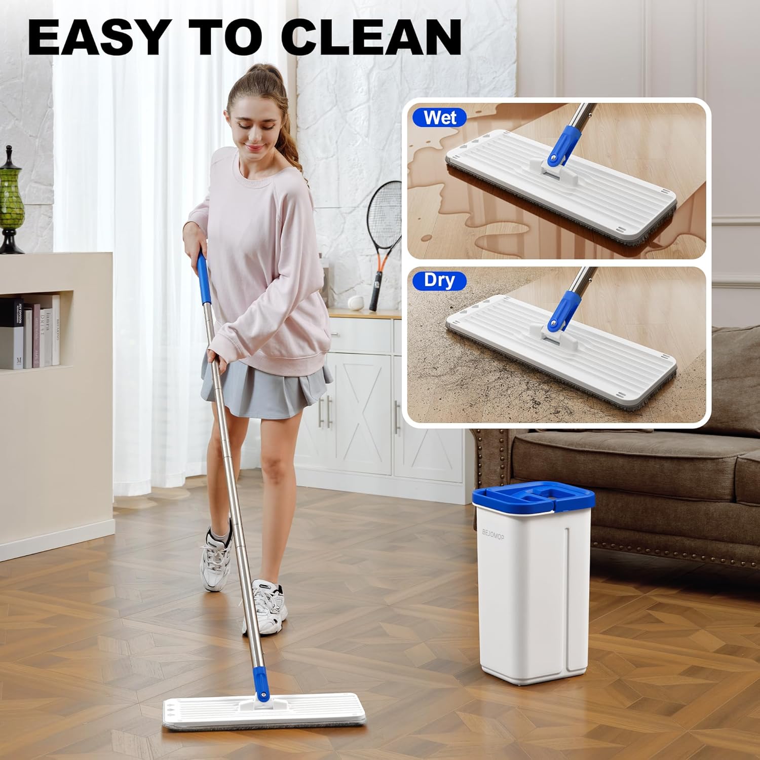 Mop and Bucket Set with Wringer, Squeeze Wall Mop Cleaner with Long Handle, Flat Mop and Bucket System, Dry & Wet Dust Mop for Household Floor Cleaning with 3 Microfiber Mops, Slate Blue