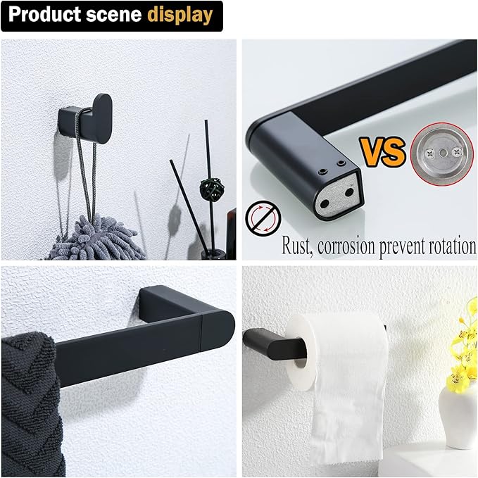 RANDOM 5 Piece Bathroom Hardware Set Matte Black Towel Bar Set Include 9.8/23.6 Inch Towel Bar Toilet Paper Holder and 2 Towel Hooks Stainless Steel Bathroom Decor Wall Mount Bathroom Accessories Kit.
