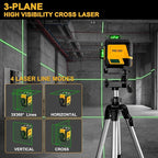 PREXISO 3 X 360° Laser Level with Tripod - Rechargeable 82Ft Cross Line Leveler, Green Line Laser Level Self Leveling for Construction, Tile, Home Renovation with Magnetic Base, Iron Plate, Bag