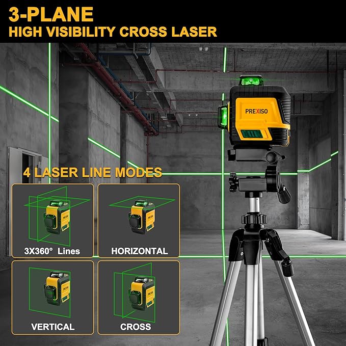 PREXISO 3 X 360° Laser Level with Tripod - Rechargeable 82Ft Cross Line Leveler, Green Line Laser Level Self Leveling for Construction, Tile, Home Renovation with Magnetic Base, Iron Plate, Bag