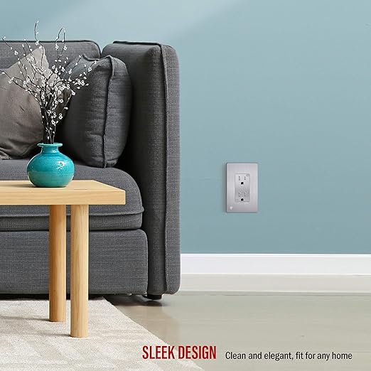ENERLITES Elite Series Decorator Receptacle, Child Safe Tamper-Resistant Outlet, Self-Grounding, Residential Grade, 15A 125V, UL Listed, 61501-TR-SVWBP, Brushed Silver With Wall Plate