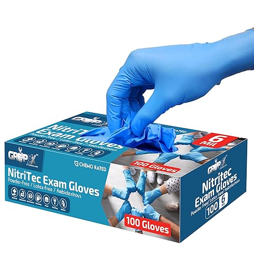 Heavy Duty 6 Mil Blue Nitrile Gloves Disposable Latex & Powder Free -Extra Stretchy Fentanyl Safe |Medical,First Aid Kit,EMT|Food Safe Rubber Gloves for Cooking & Cleaning| Pack of (100)