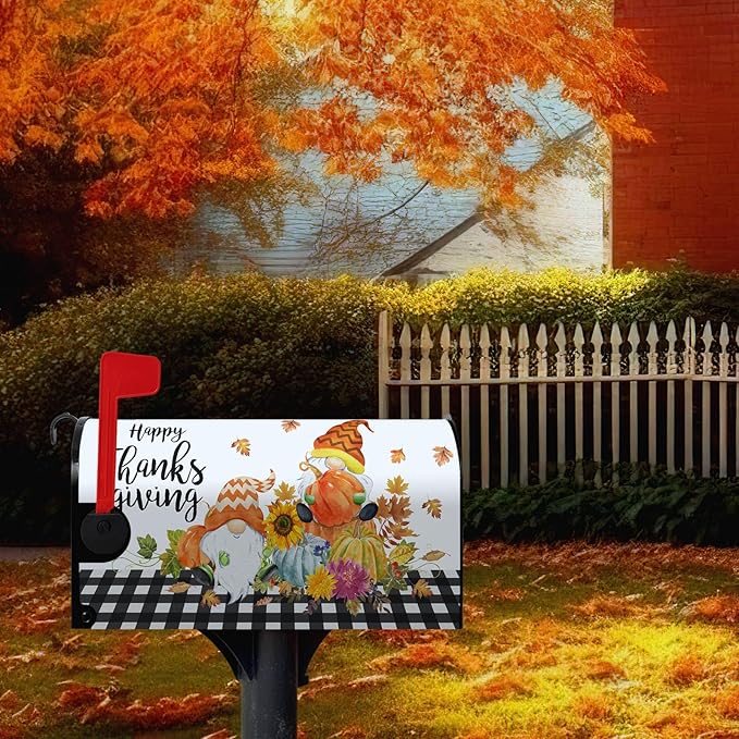 Happy Thanksgiving Mailbox Covers Magnetic Fall Gnomes Pumpkins Mailbox Cover Standard Size 21x18 Inch Decor Black White Plaid Letter Post Box Wraps for Garden Outdoor