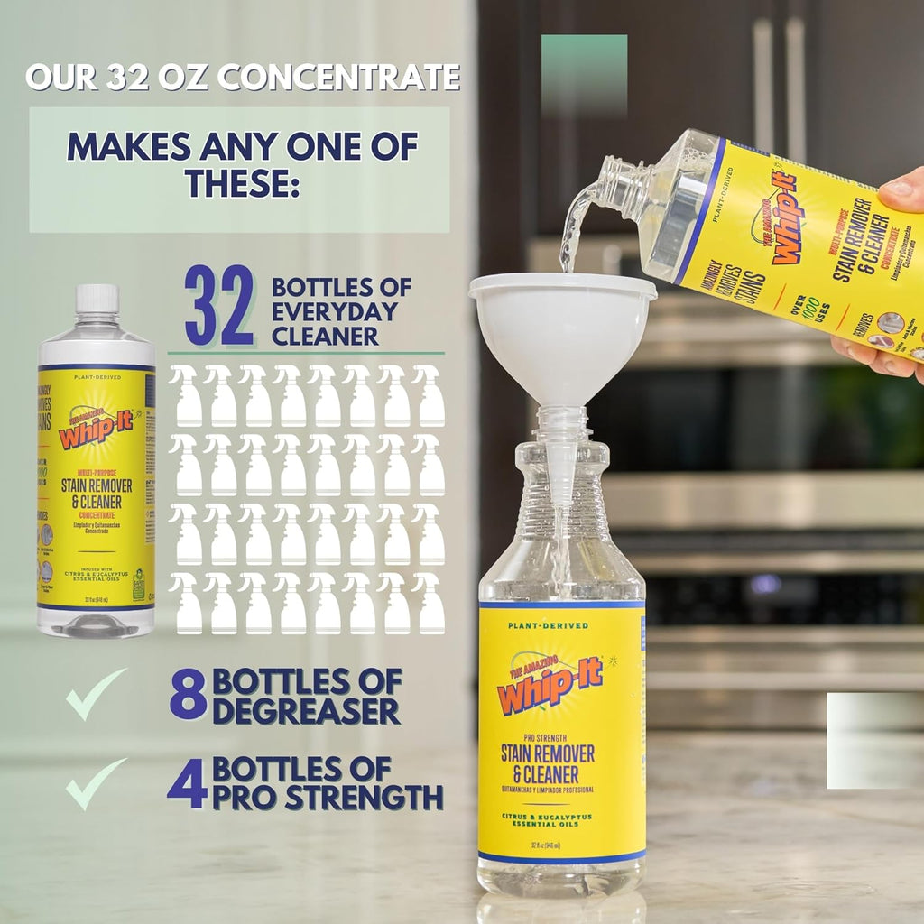Whip It Cleaner, Multi Purpose Stain Remover CONCENTRATE, Makes 32 Bottles, Plant Based Enzyme Cleaner, Cleaning Food, Grease, Coffee, Wine, Baby Stains, pet stains, Over 500 uses, Made in USA, 32 OZ
